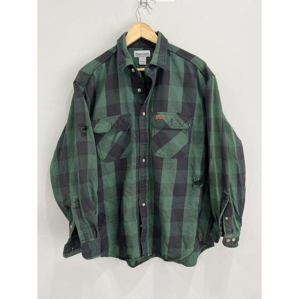 Vintage Carhartt Thrashed Flannel Shirt Button Plaid jacket
